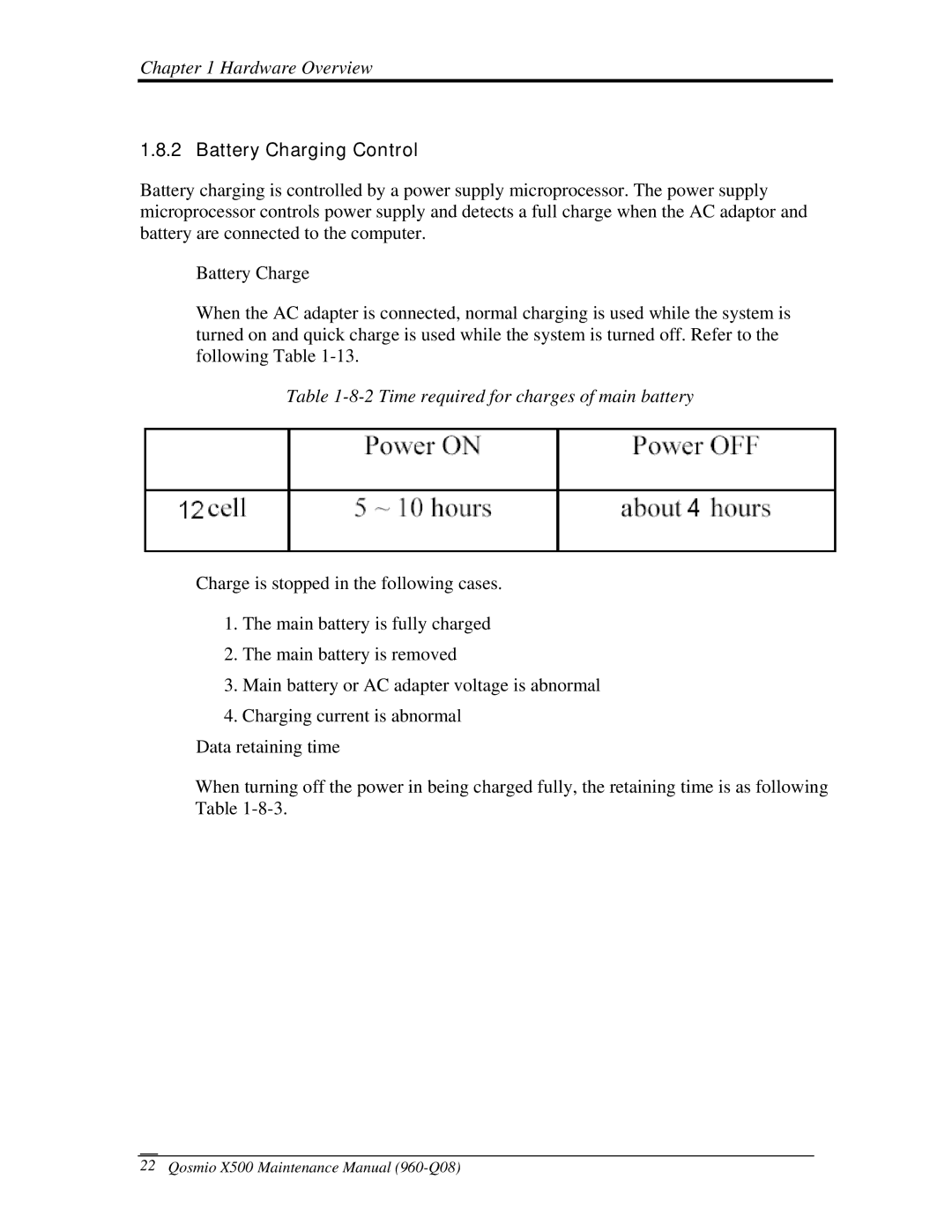 Toshiba X500 manual Battery Charging Control, Time required for charges of main battery 