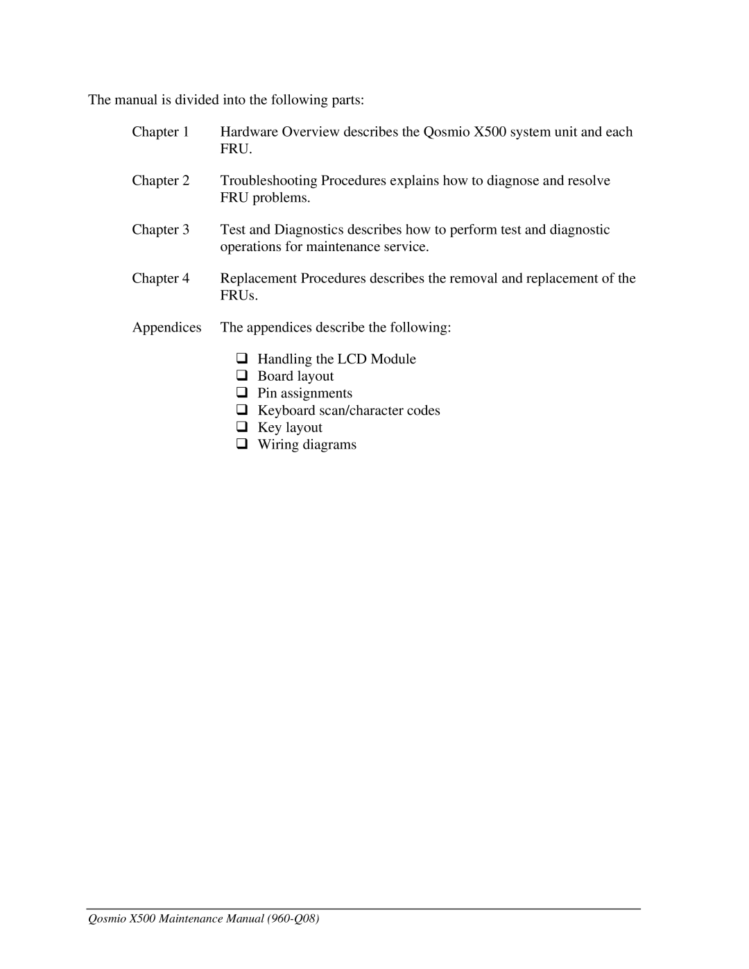 Toshiba manual Qosmio X500 Maintenance Manual 960-Q08 