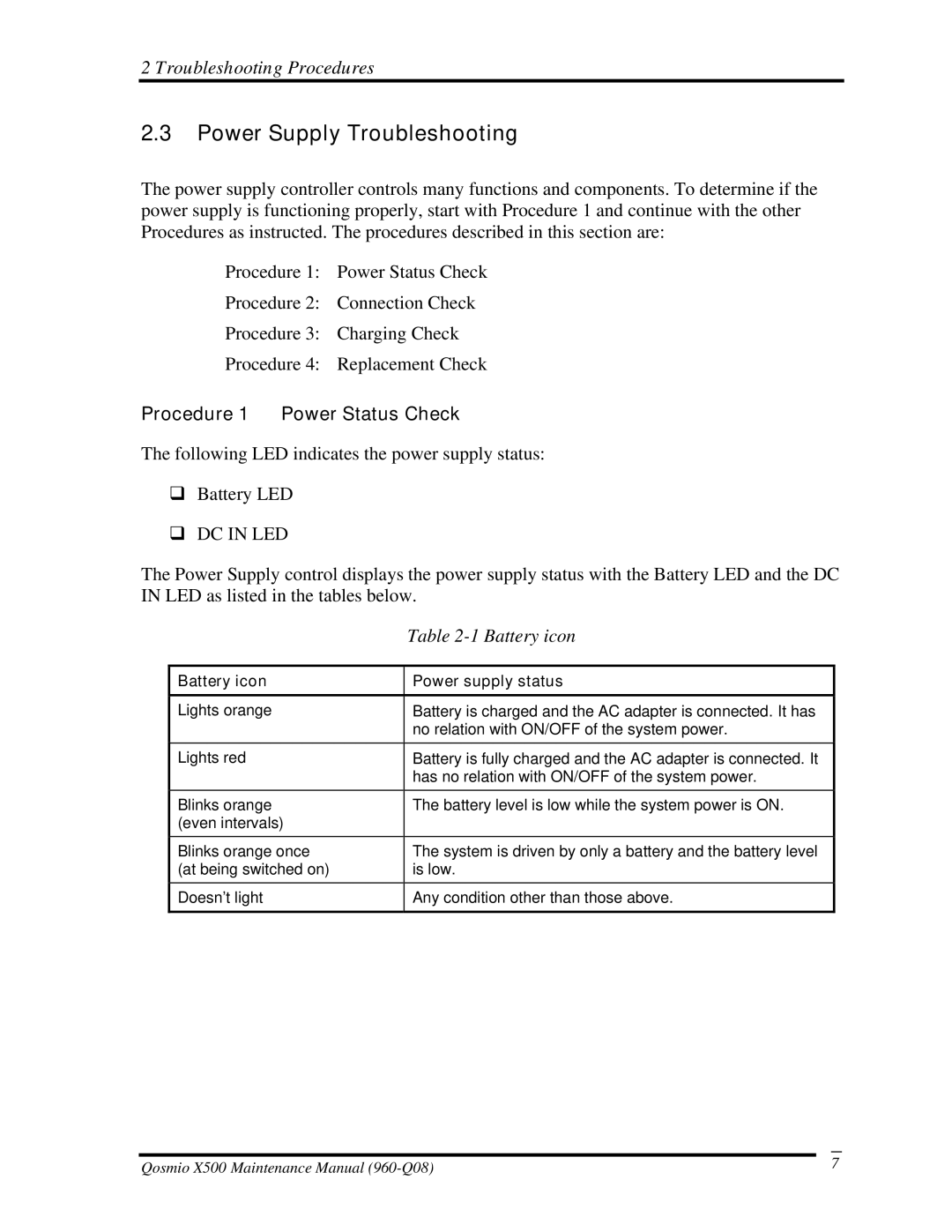 Toshiba X500 manual Power Supply Troubleshooting, Procedure 1 Power Status Check, Battery icon 