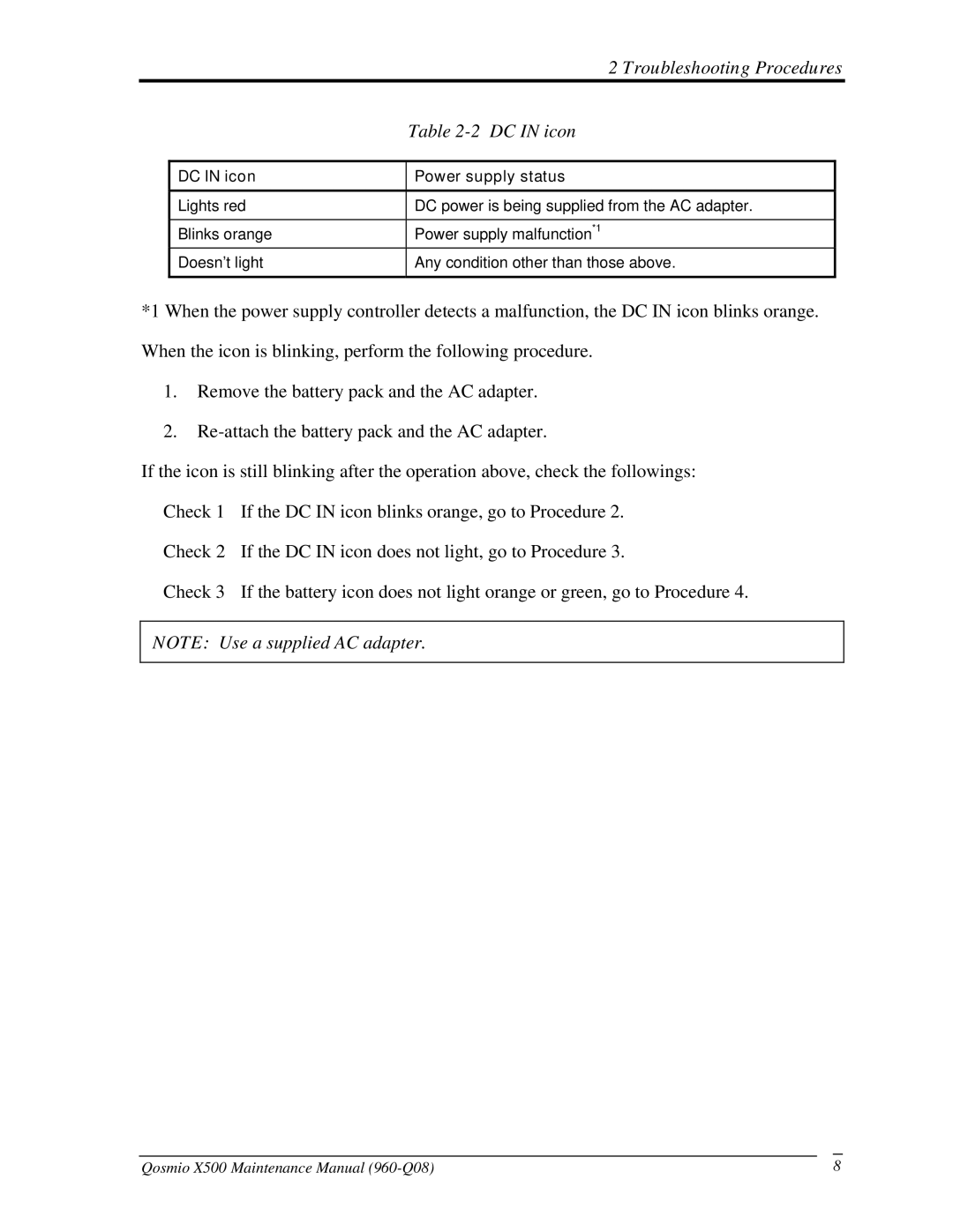 Toshiba X500 manual DC in icon Power supply status 