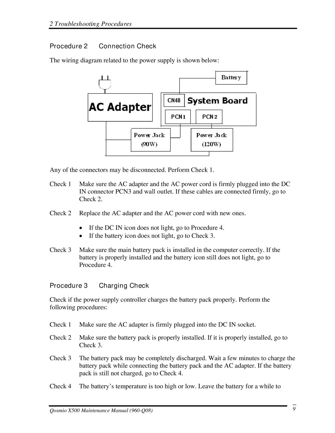 Toshiba X500 manual Procedure 2 Connection Check, Procedure 3 Charging Check 