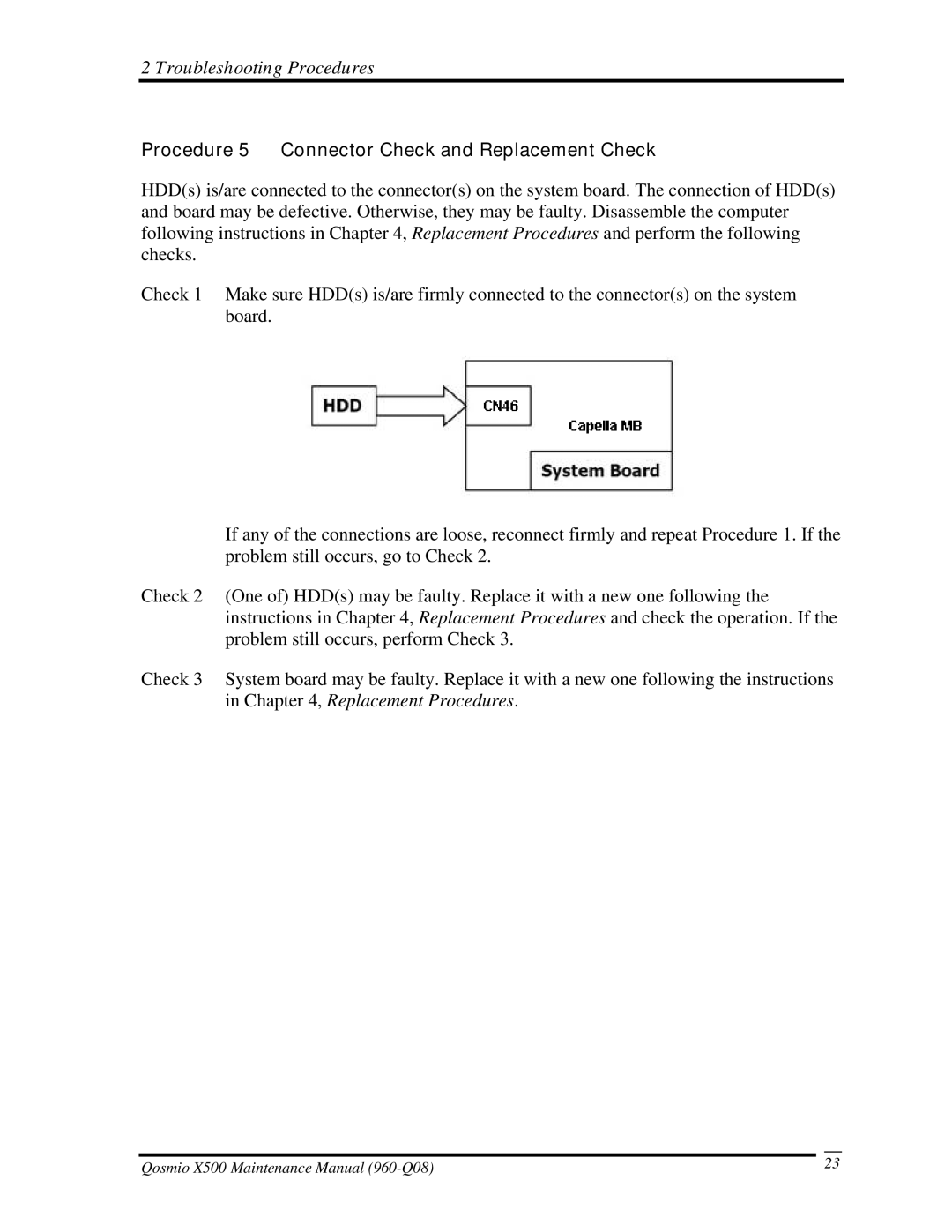 Toshiba X500 manual Procedure 5 Connector Check and Replacement Check 