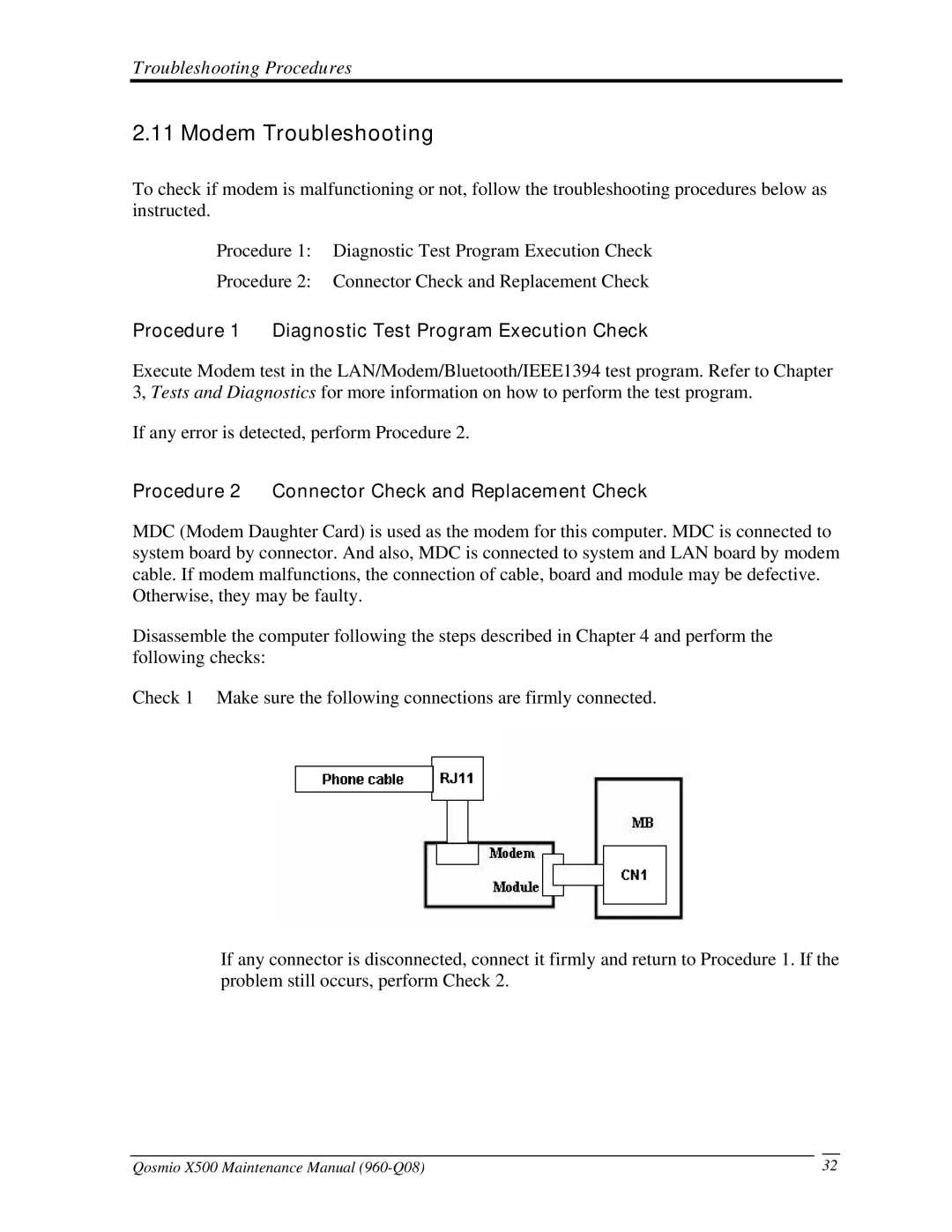 Toshiba X500 manual Modem Troubleshooting 