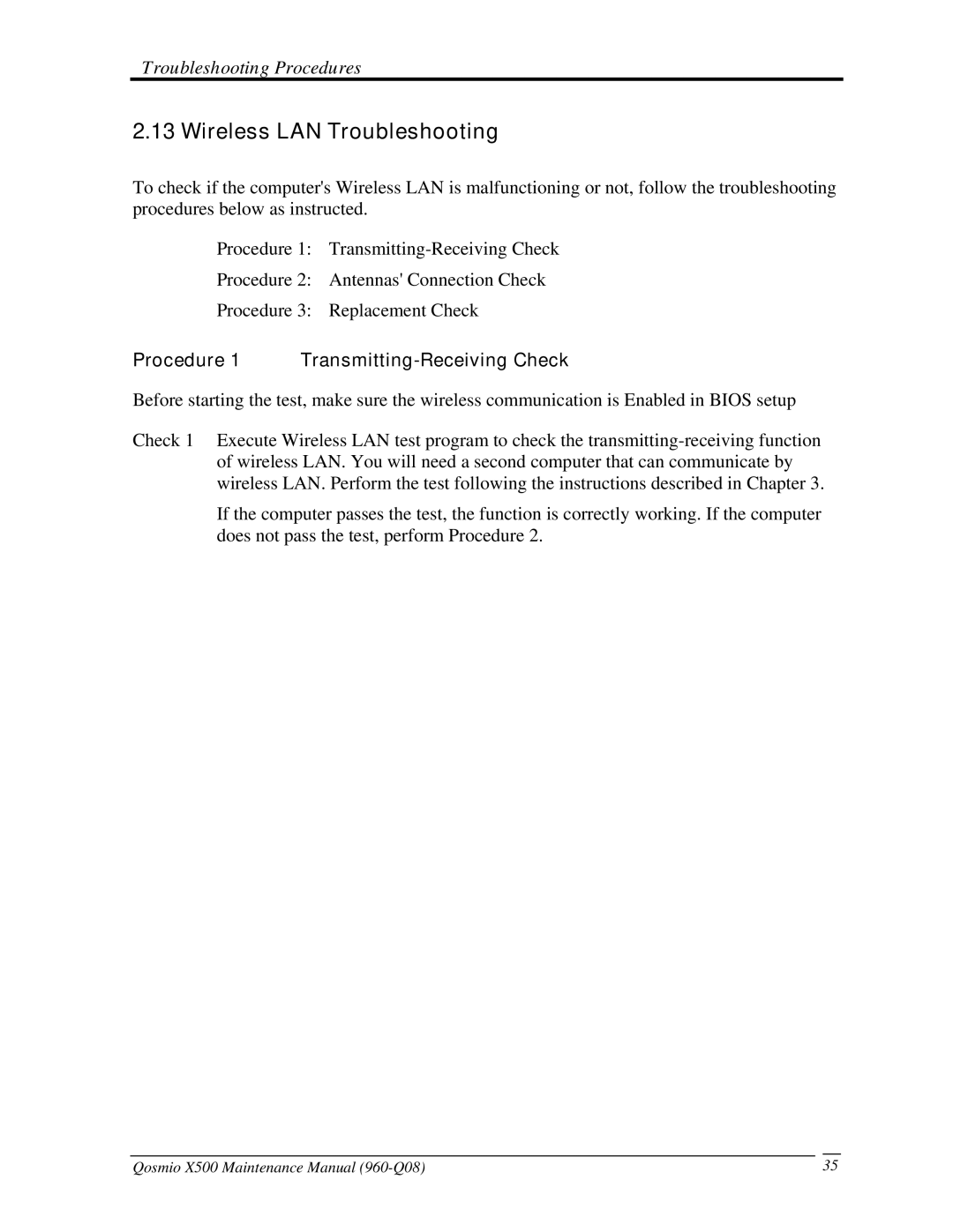 Toshiba X500 manual Wireless LAN Troubleshooting, Procedure 1 Transmitting-Receiving Check 