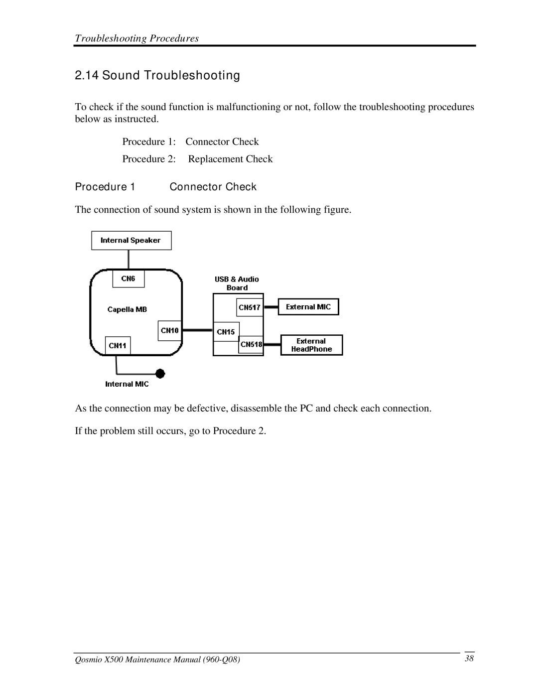 Toshiba X500 manual Sound Troubleshooting, Procedure 