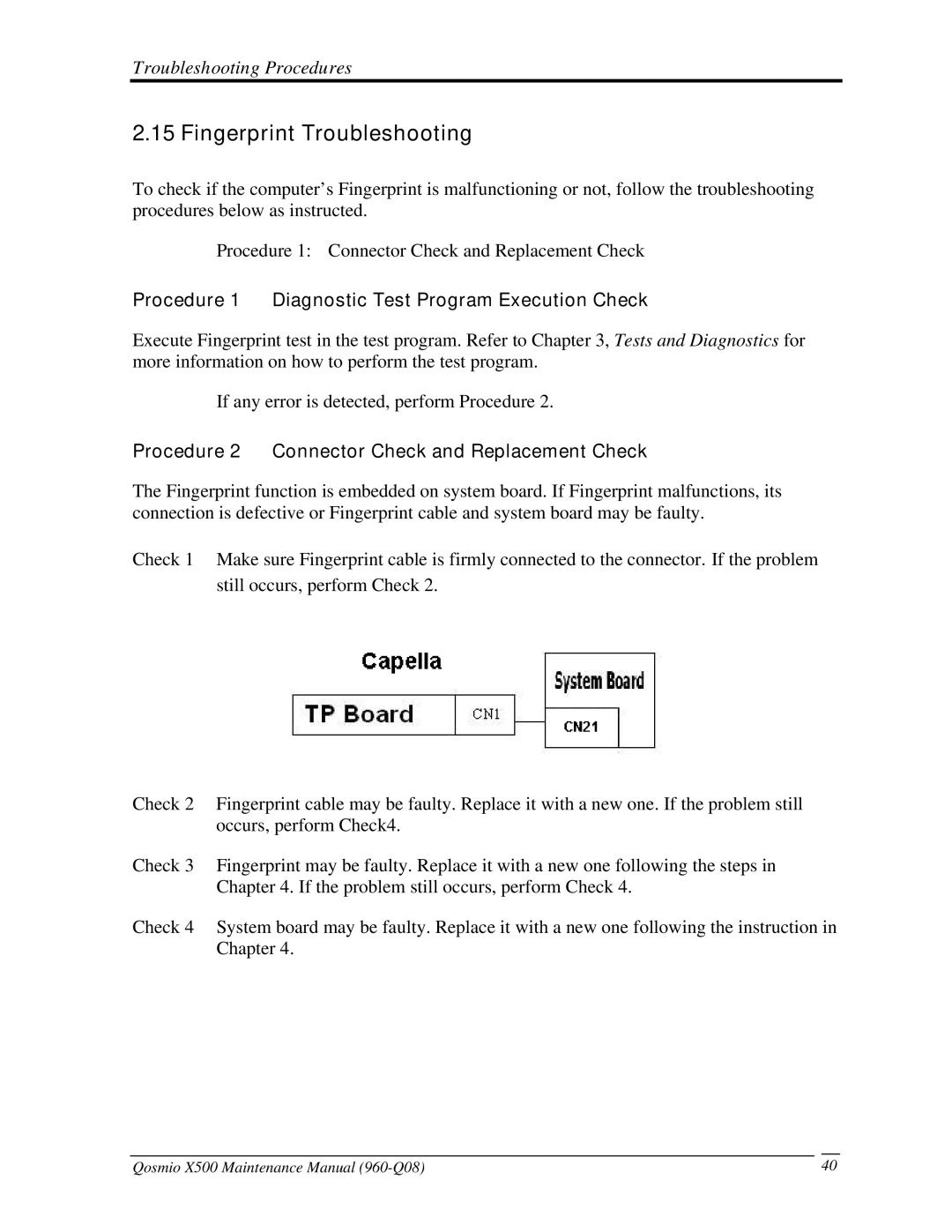 Toshiba X500 manual Fingerprint Troubleshooting, Procedure 1 Diagnostic Test Program Execution Check 