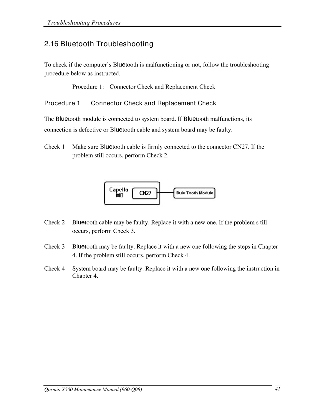 Toshiba X500 manual Bluetooth Troubleshooting, Procedure 1 Connector Check and Replacement Check 