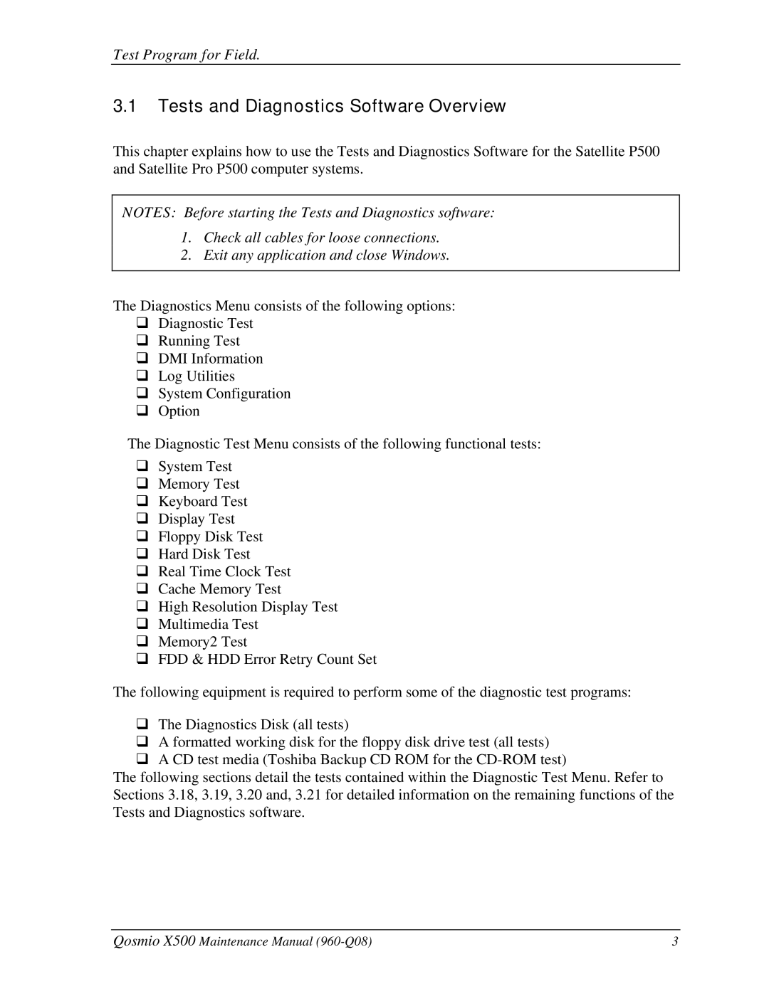 Toshiba X500 manual Tests and Diagnostics Software Overview 