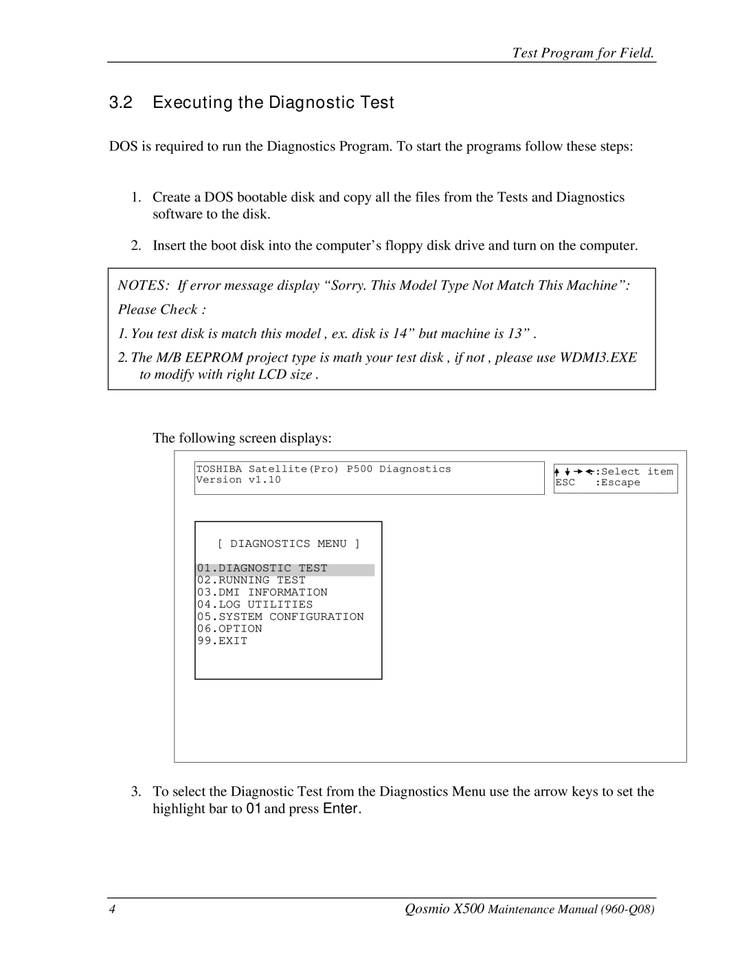 Toshiba X500 manual Executing the Diagnostic Test, Please Check 