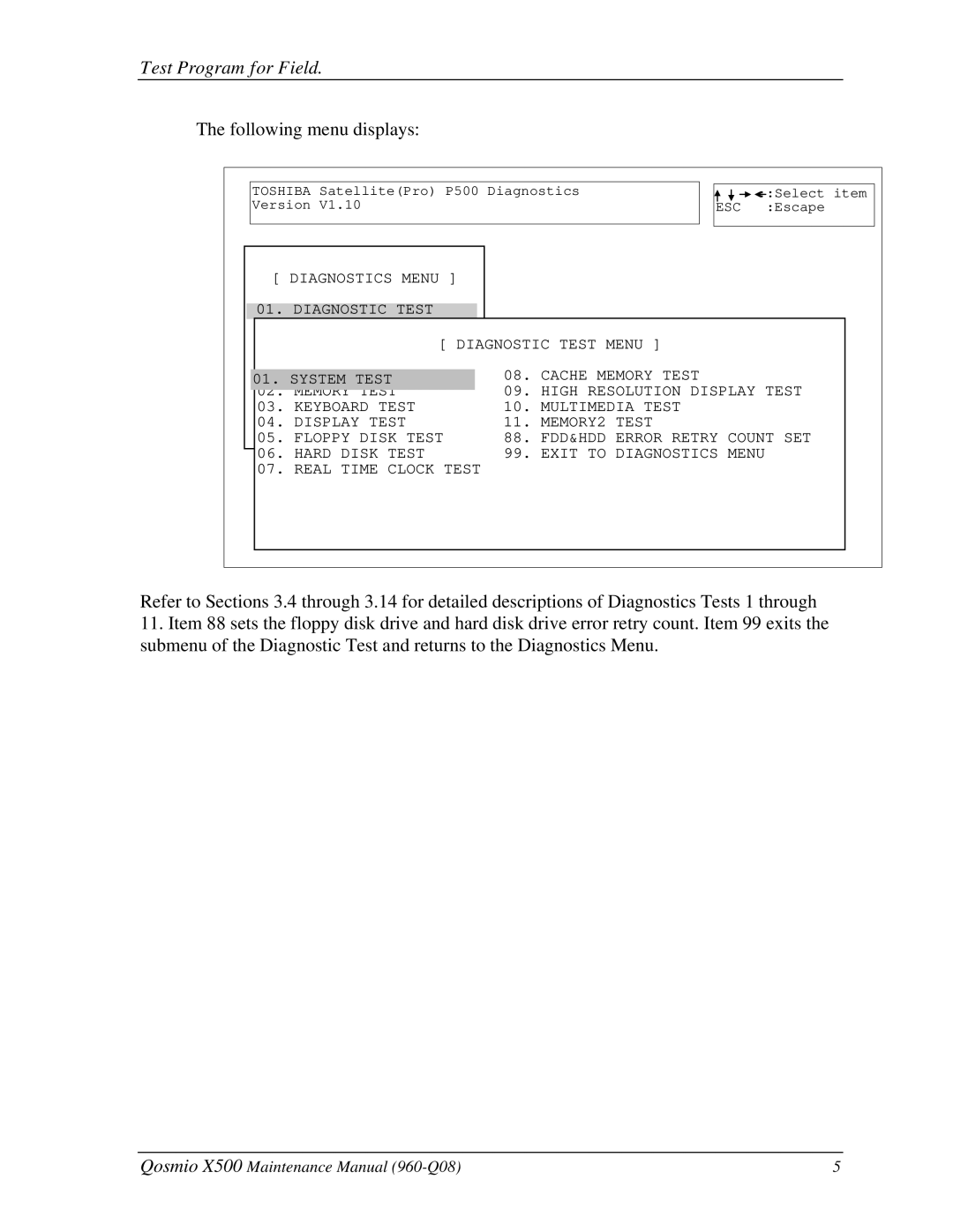 Toshiba X500 manual Following menu displays 