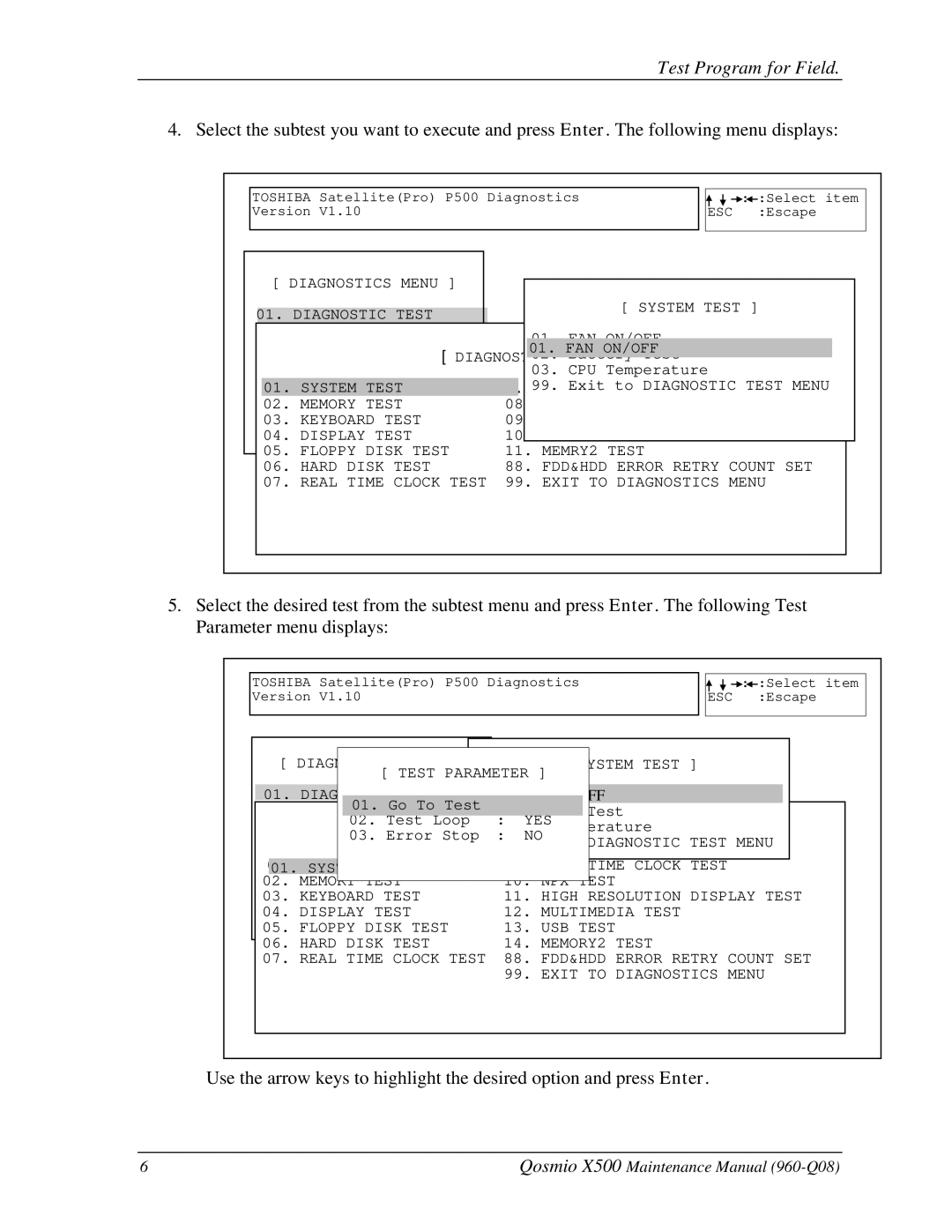 Toshiba X500 manual Test Menu 