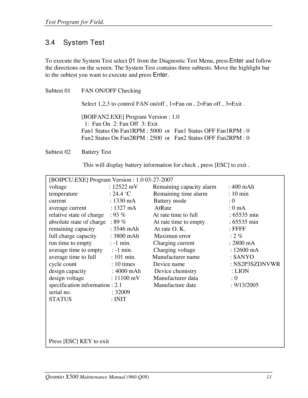 Toshiba X500 manual System Test, Ffff 