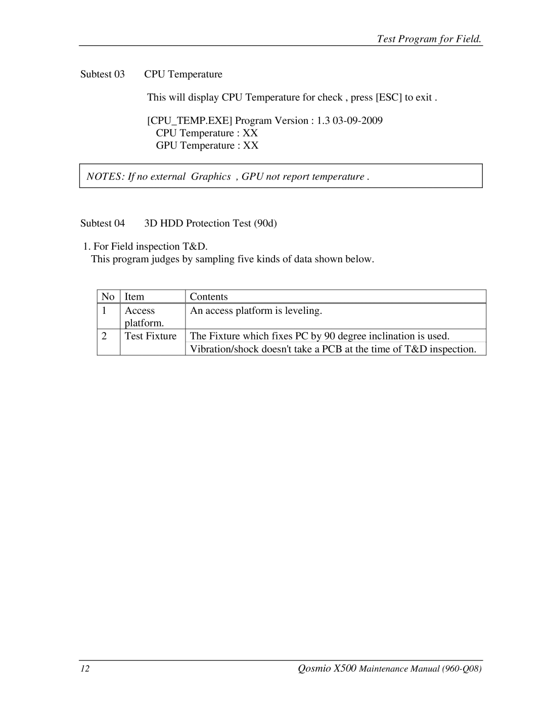 Toshiba X500 manual Test Program for Field 