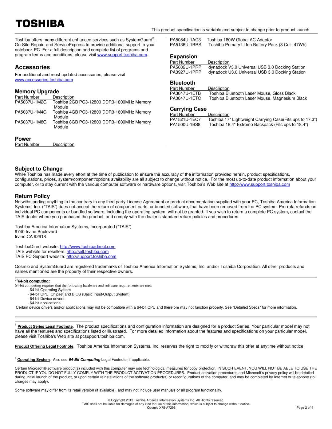 Toshiba X75A7298 warranty Memory Upgrade, Subject to Change, Expansion, Bluetooth, Carrying Case, Return Policy 