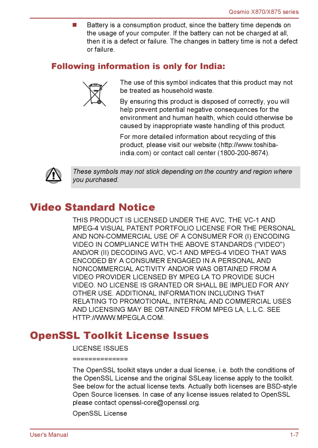 Toshiba X875, X870 user manual Video Standard Notice OpenSSL Toolkit License Issues, Following information is only for India 