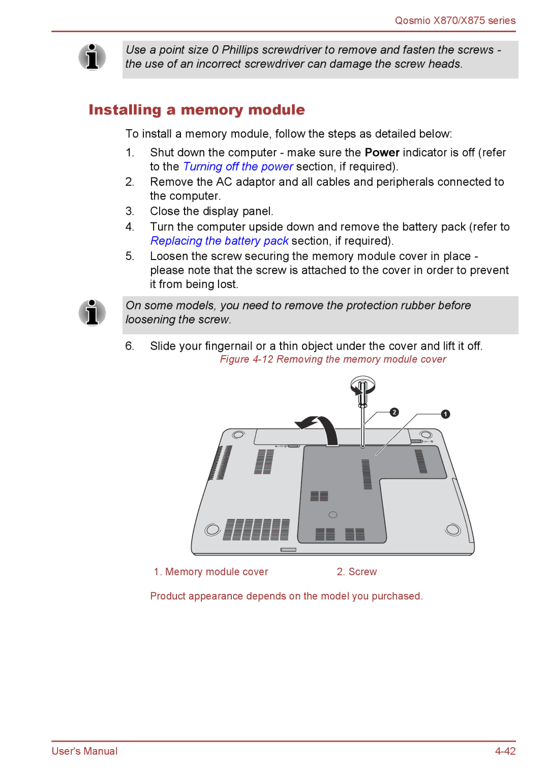 Toshiba X875, X870 user manual Installing a memory module, Removing the memory module cover 