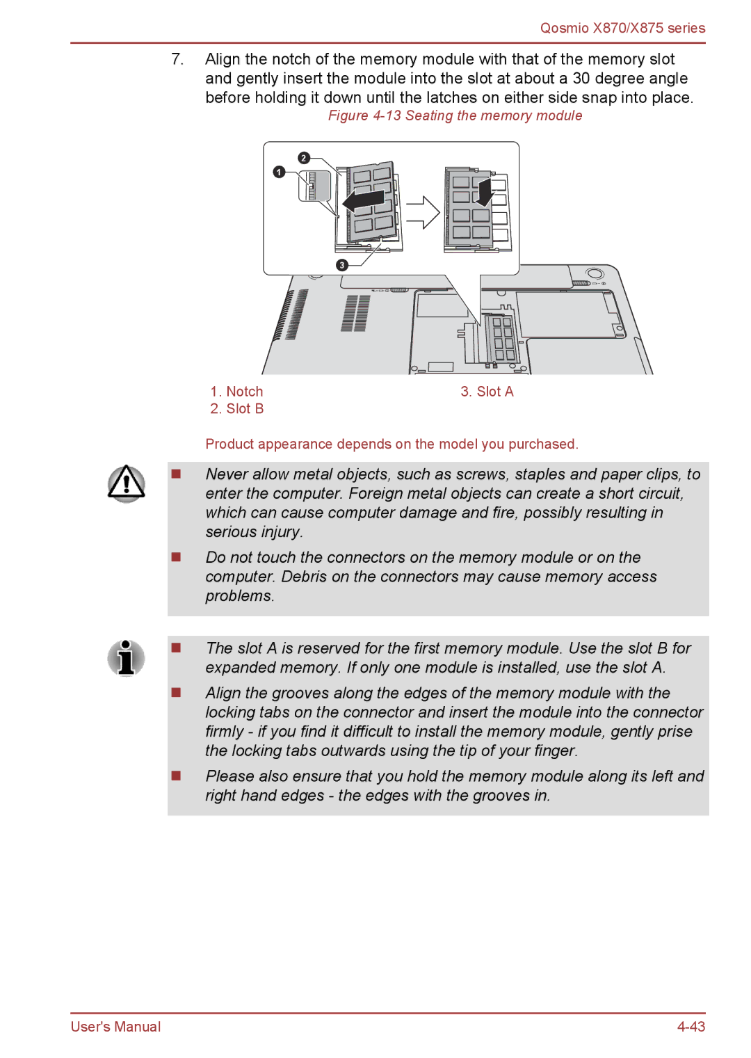 Toshiba X870, X875 user manual Seating the memory module 