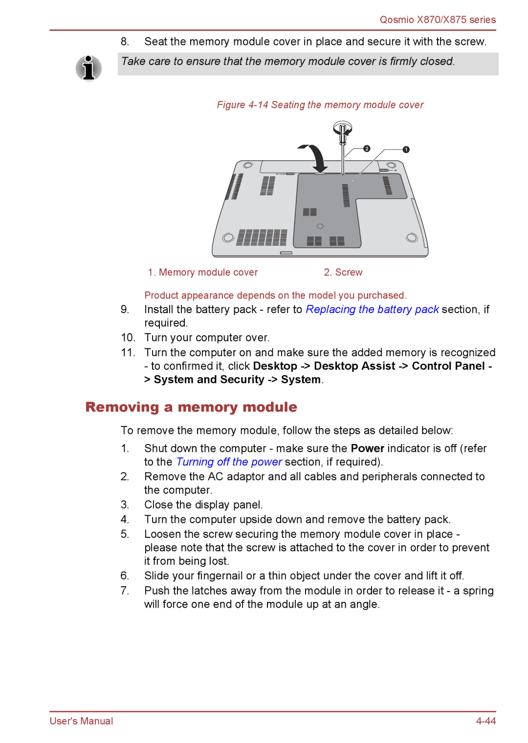 Toshiba X875, X870 user manual Removing a memory module, Seating the memory module cover 