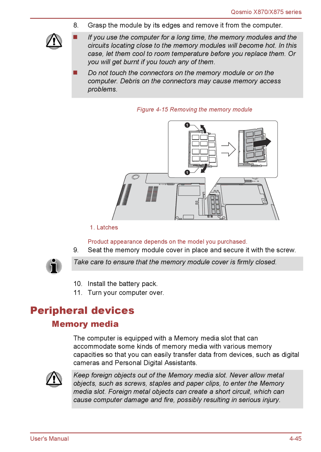 Toshiba X870, X875 user manual Peripheral devices, Memory media 