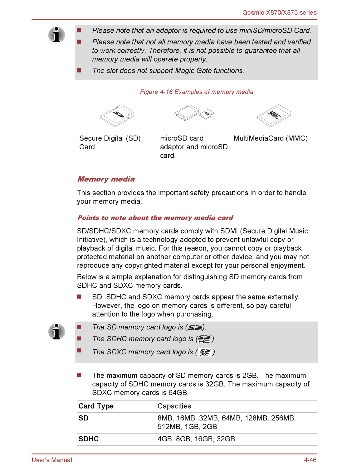 Toshiba X875, X870 user manual Memory media, Card Type 