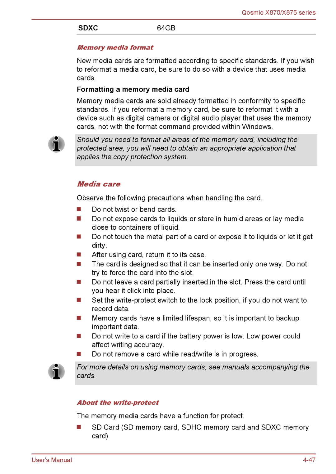 Toshiba X870, X875 user manual Formatting a memory media card, Media care 