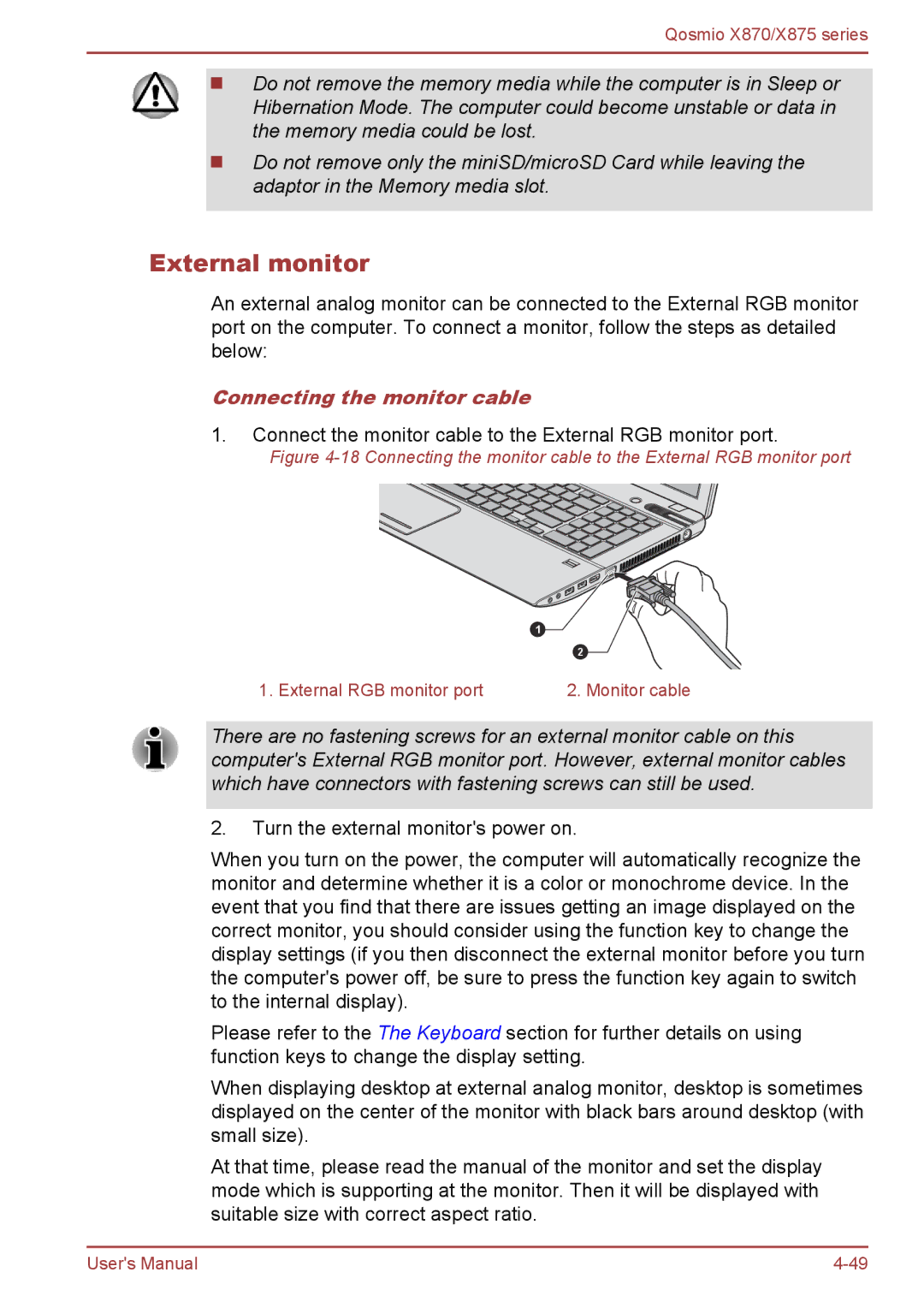 Toshiba X870, X875 user manual External monitor, Connecting the monitor cable 