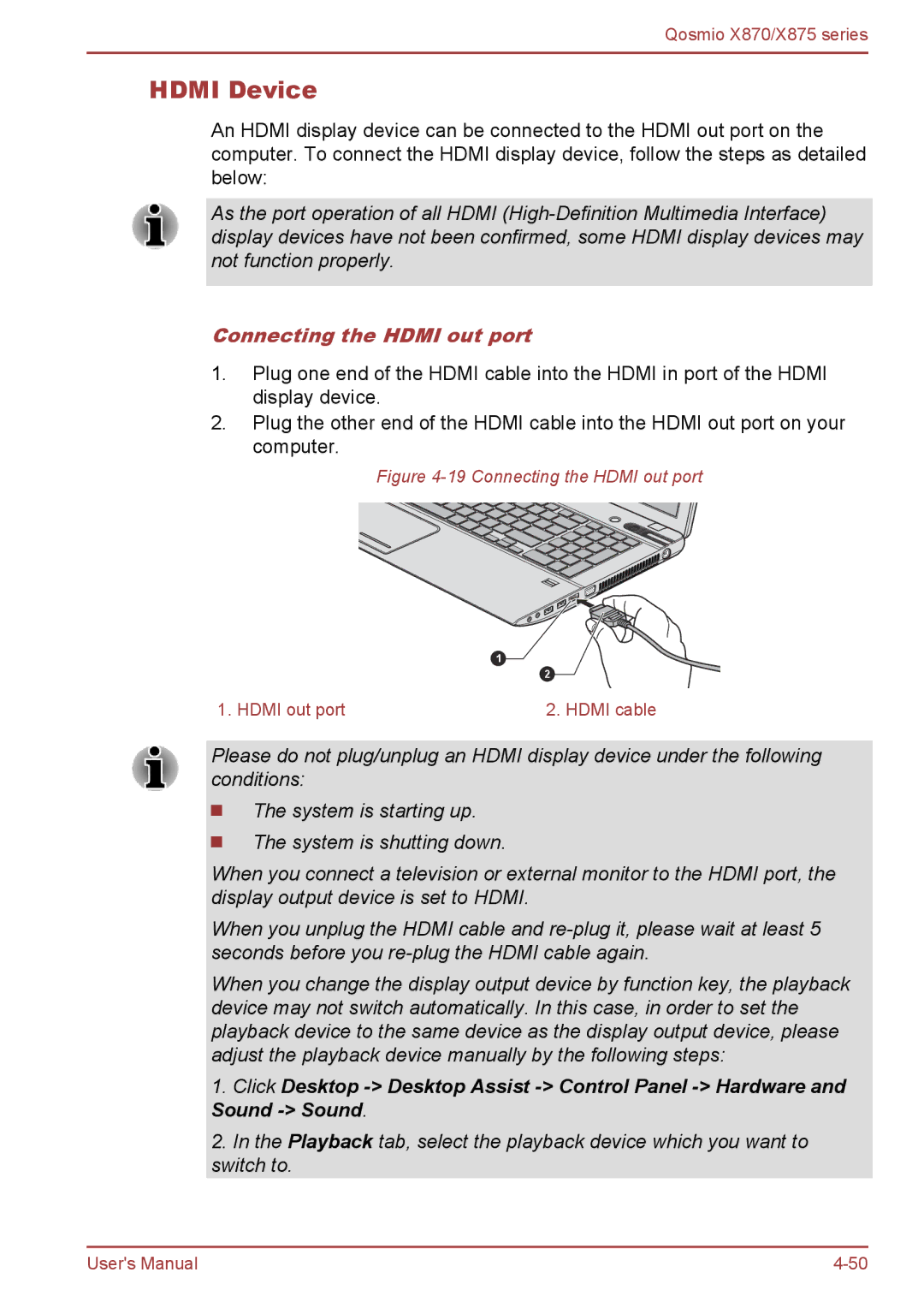 Toshiba X875, X870 user manual Hdmi Device, Connecting the Hdmi out port 