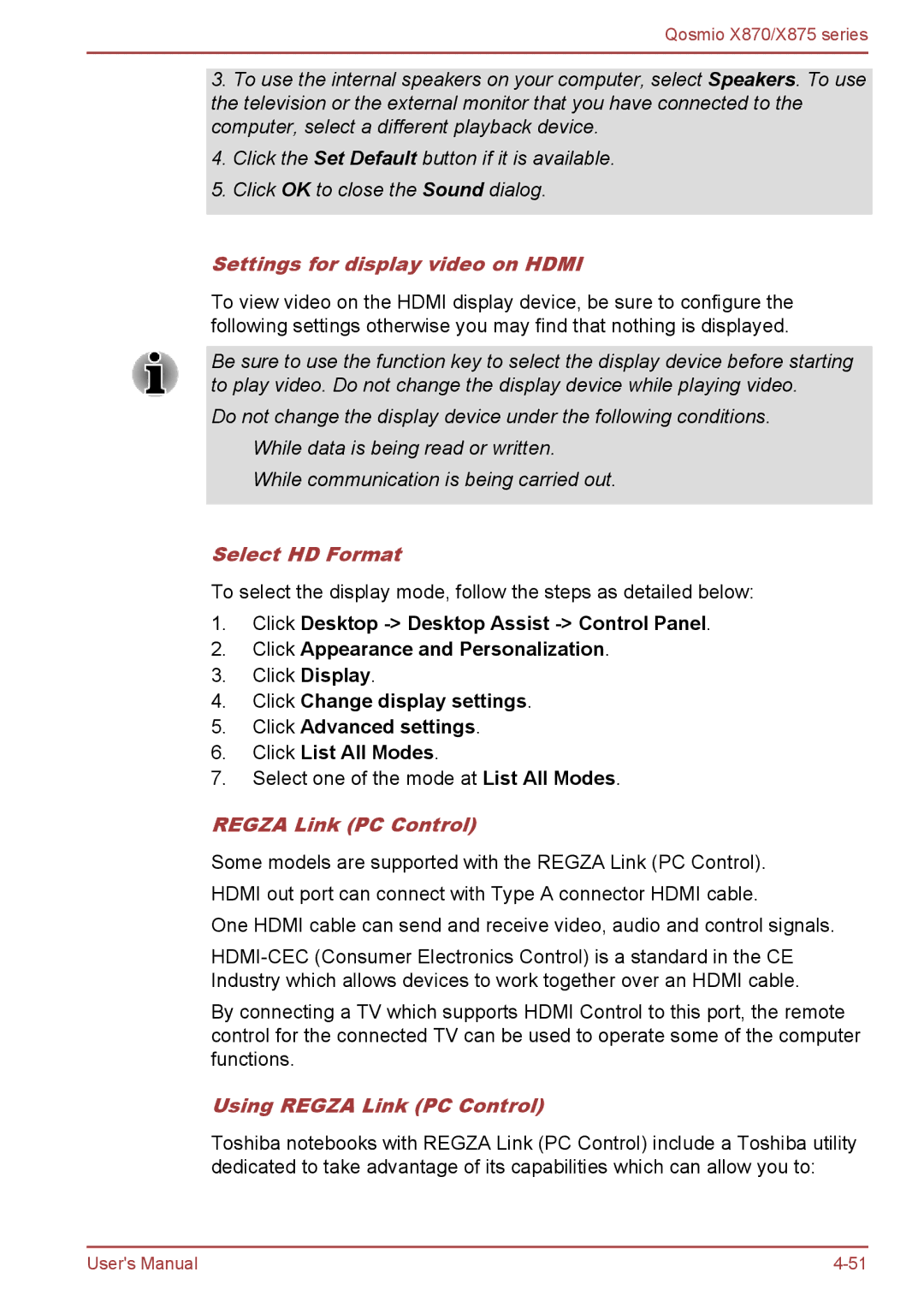 Toshiba X870, X875 user manual Settings for display video on Hdmi, Select HD Format, Using Regza Link PC Control 