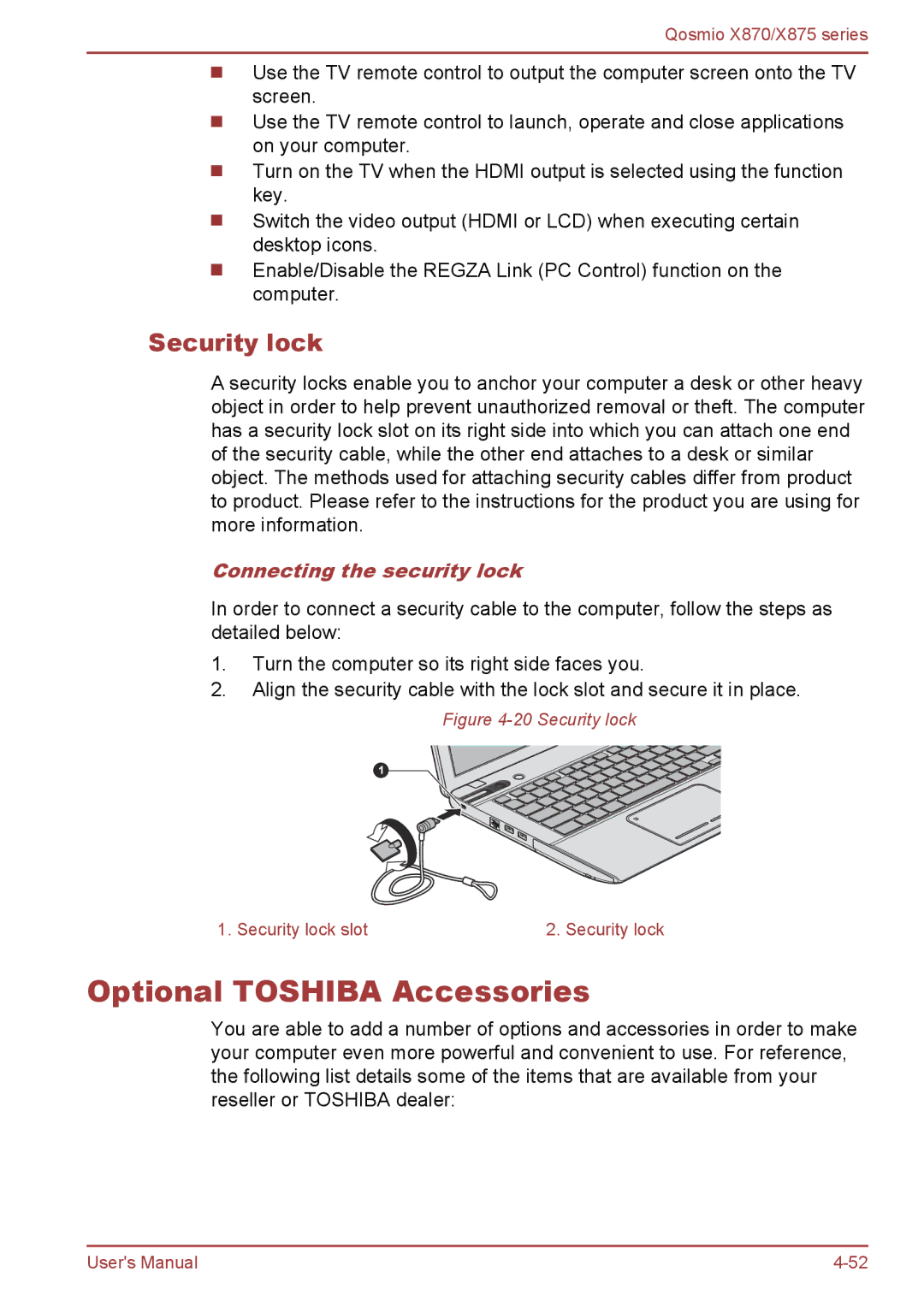 Toshiba X875, X870 user manual Optional Toshiba Accessories, Security lock, Connecting the security lock 