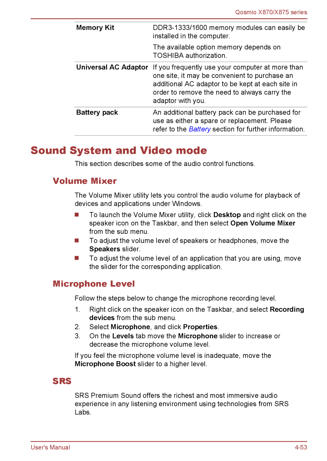 Toshiba X870, X875 user manual Sound System and Video mode, Volume Mixer, Microphone Level, Memory Kit 