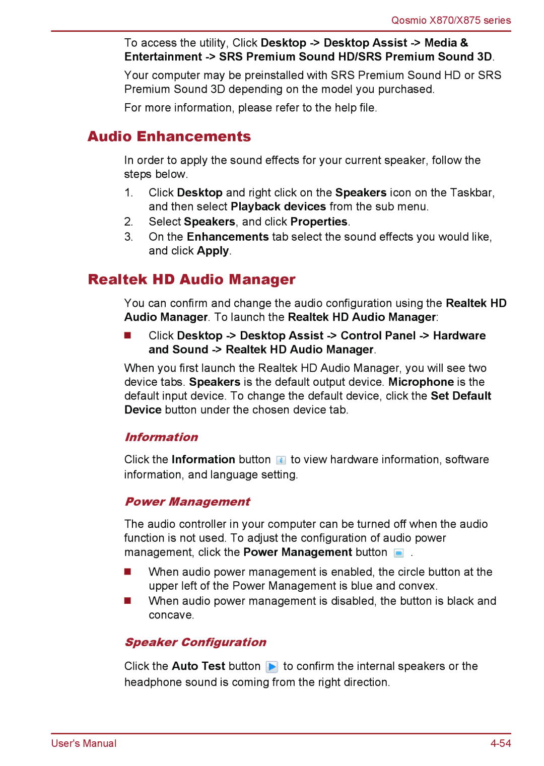 Toshiba X875, X870 Audio Enhancements, Realtek HD Audio Manager, Information, Power Management, Speaker Configuration 