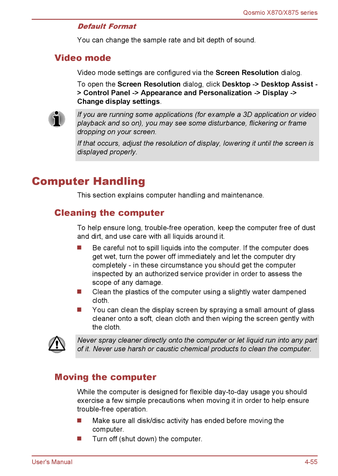 Toshiba X870, X875 user manual Computer Handling, Video mode, Cleaning the computer, Moving the computer, Default Format 