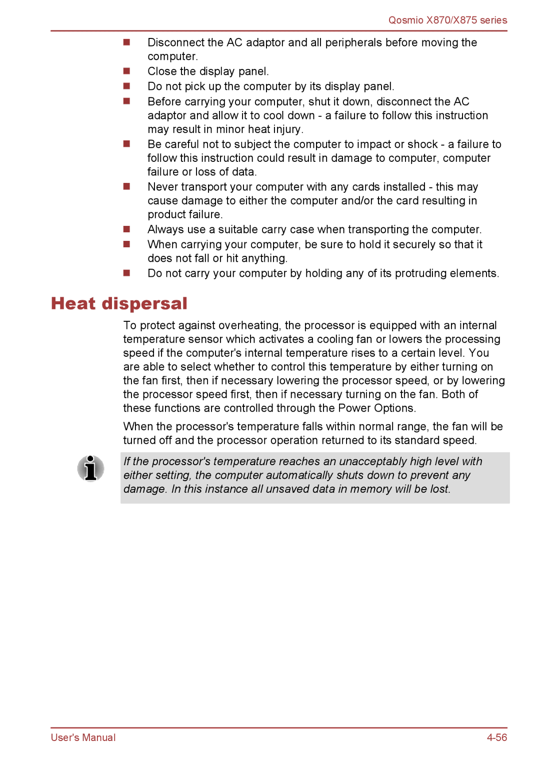 Toshiba X875, X870 user manual Heat dispersal 