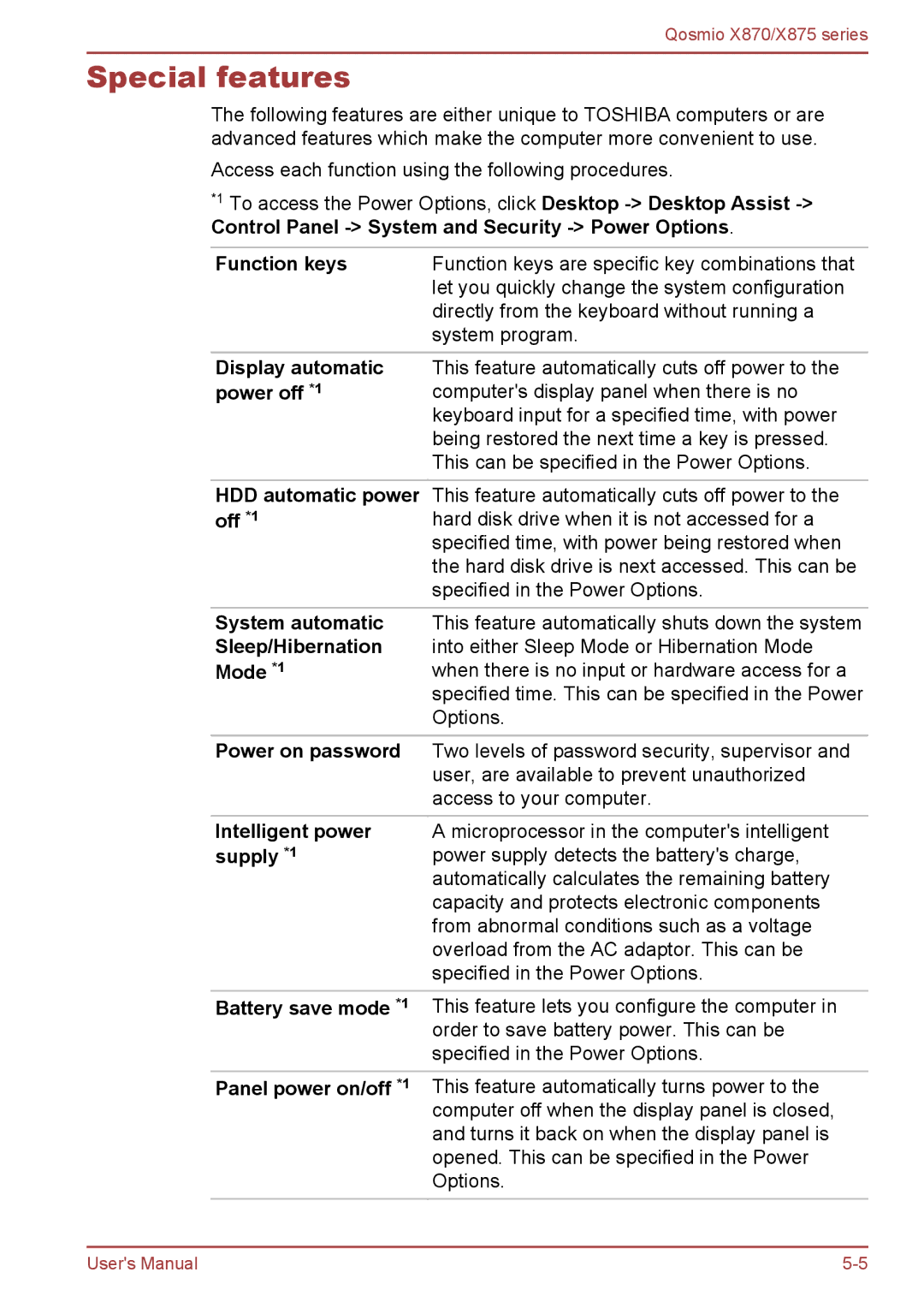 Toshiba X870, X875 user manual Special features 