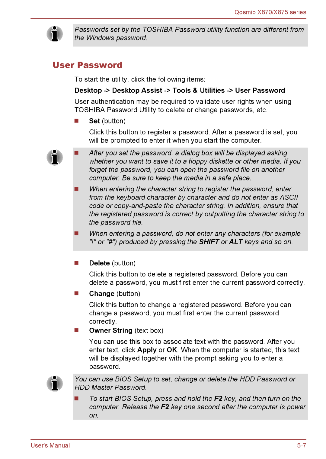 Toshiba X870, X875 user manual Desktop Desktop Assist Tools & Utilities User Password, Owner String text box 