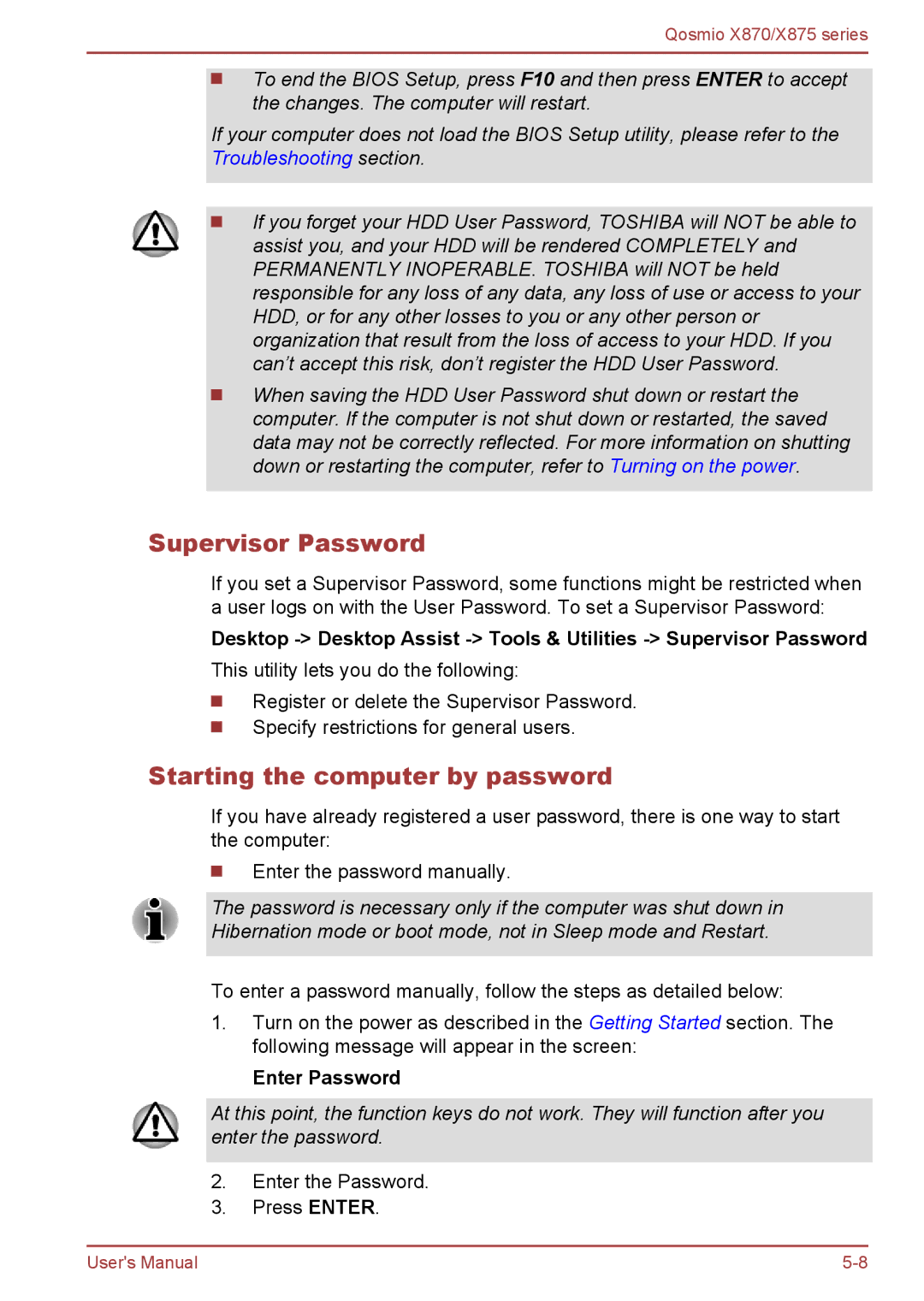 Toshiba X875, X870 user manual Supervisor Password, Starting the computer by password, Enter Password 