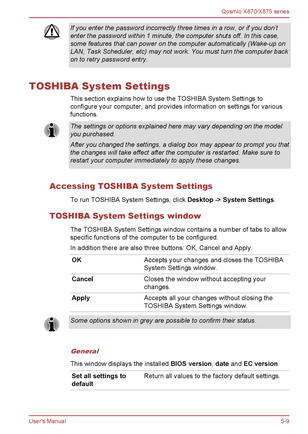 Toshiba X870, X875 user manual Accessing Toshiba System Settings, Toshiba System Settings window, General 