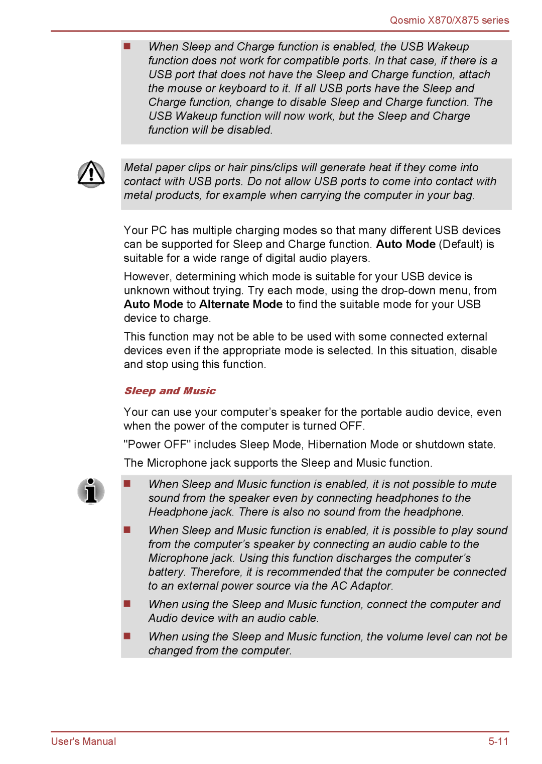 Toshiba X870, X875 user manual Sleep and Music 