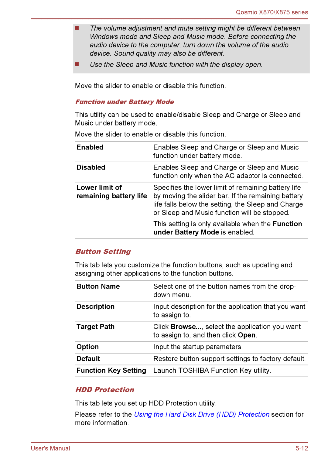 Toshiba X875, X870 user manual Button Setting, HDD Protection 