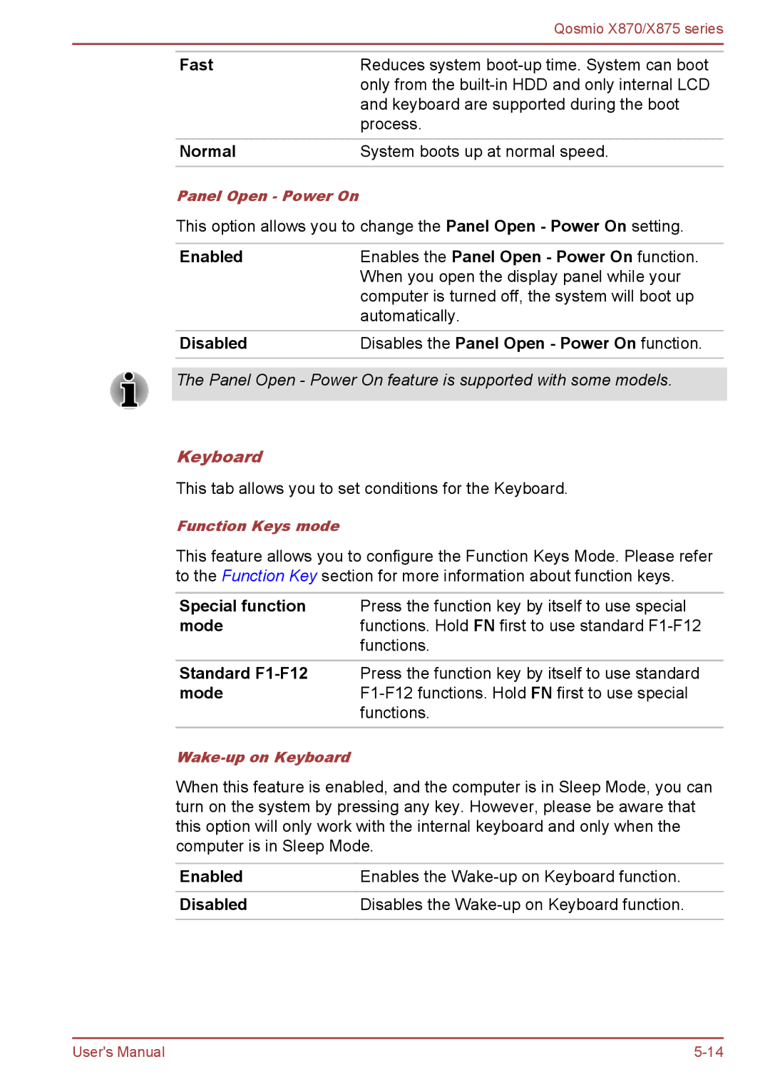 Toshiba X875, X870 user manual Fast, Normal, Enabled Enables the Panel Open Power On function, Keyboard 