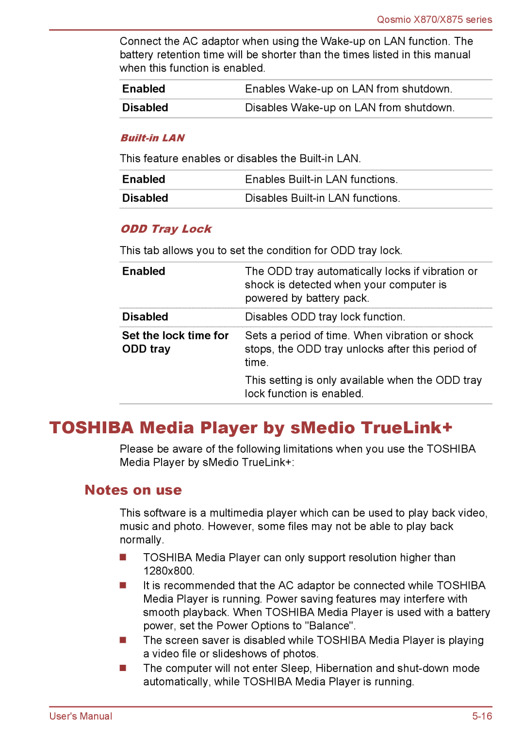 Toshiba X875, X870 user manual Toshiba Media Player by sMedio TrueLink+, ODD Tray Lock, ODD tray 