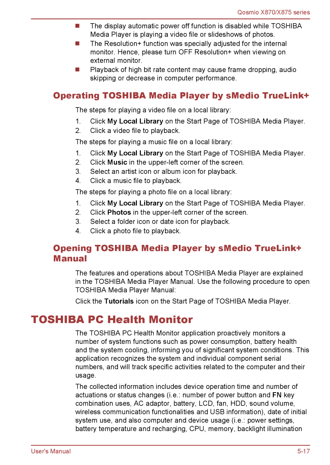 Toshiba X870, X875 user manual Toshiba PC Health Monitor, Operating Toshiba Media Player by sMedio TrueLink+ 