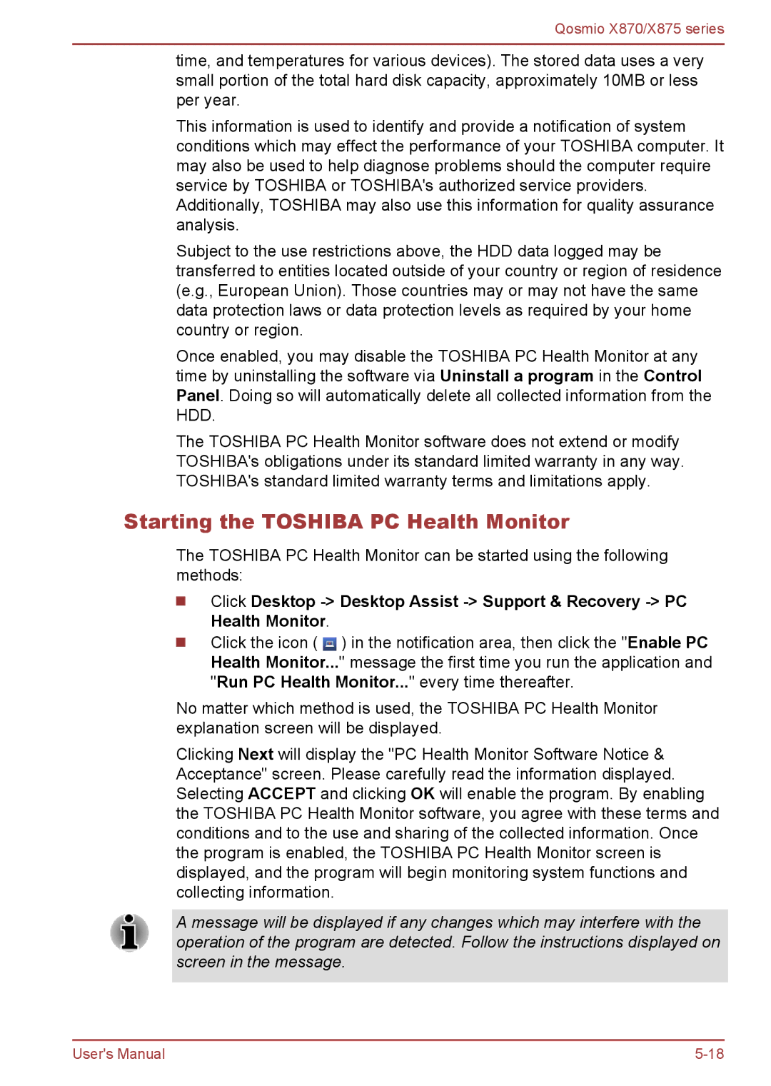 Toshiba X875, X870 user manual Starting the Toshiba PC Health Monitor 