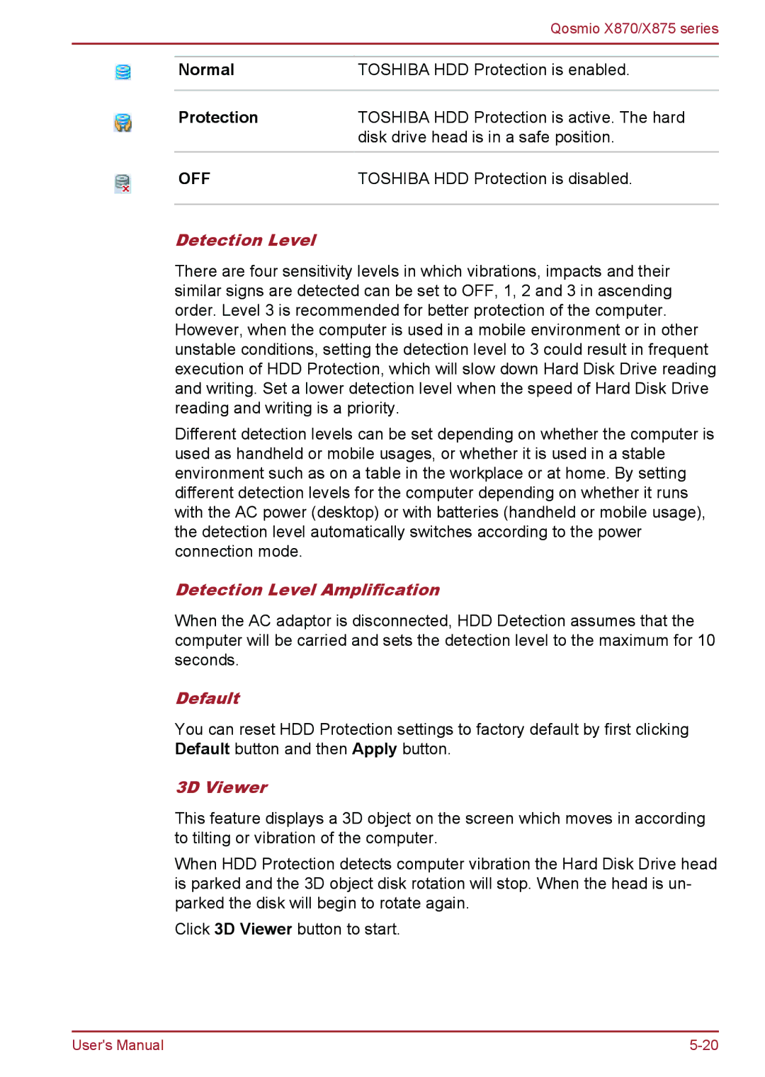 Toshiba X875, X870 user manual Detection Level Amplification, Default, 3D Viewer 