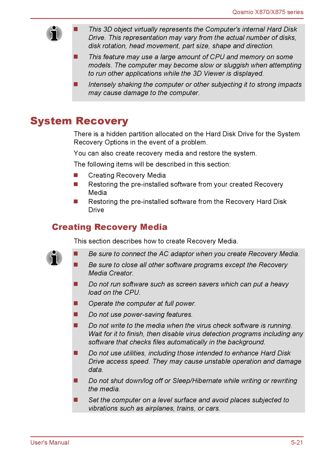 Toshiba X870, X875 user manual System Recovery, Creating Recovery Media 