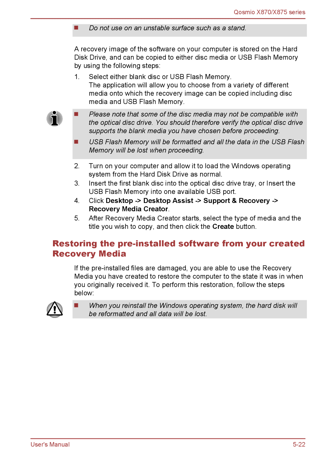 Toshiba X875, X870 user manual Do not use on an unstable surface such as a stand 