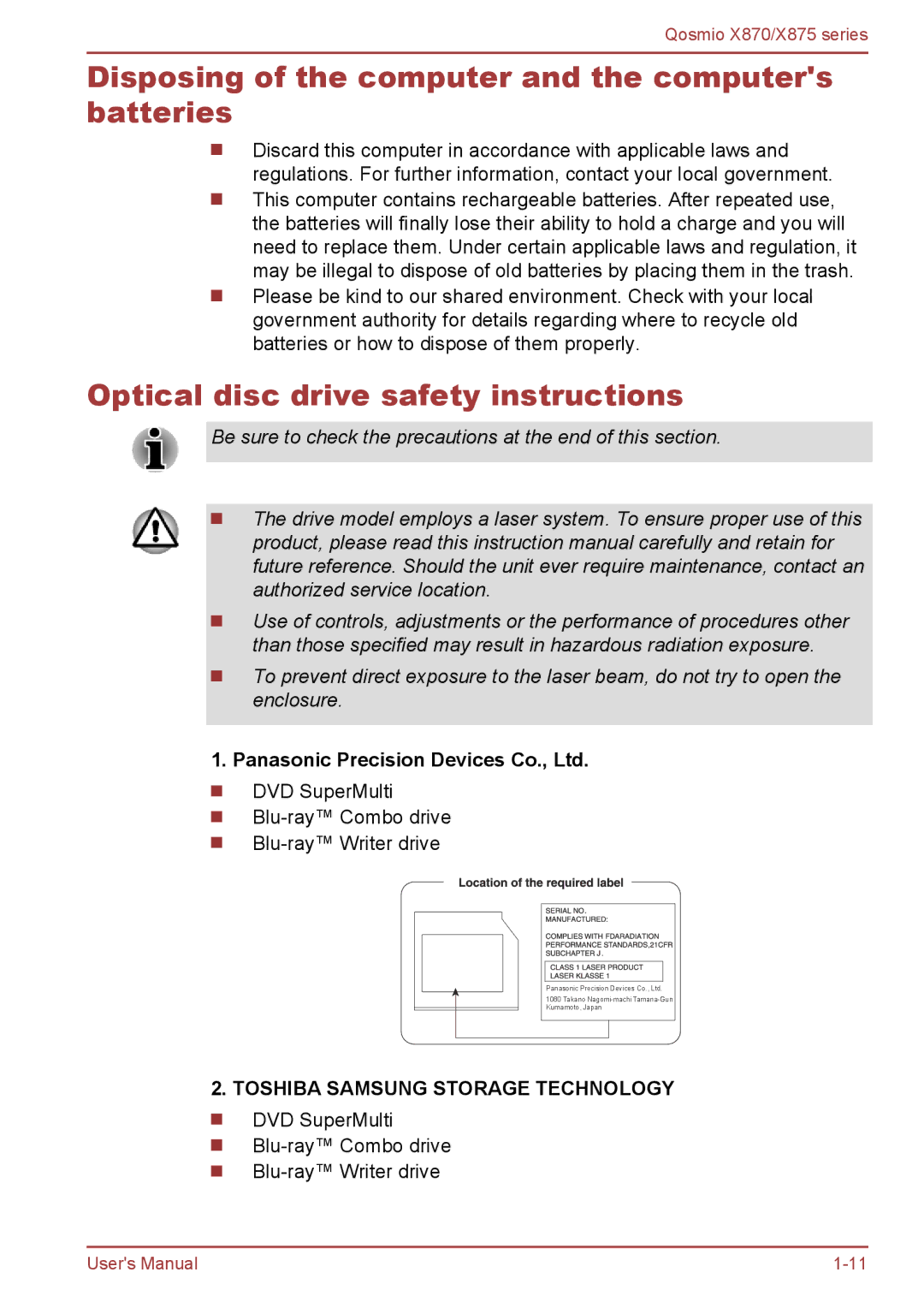 Toshiba X875, X870 user manual Disposing of the computer and the computers batteries, Optical disc drive safety instructions 