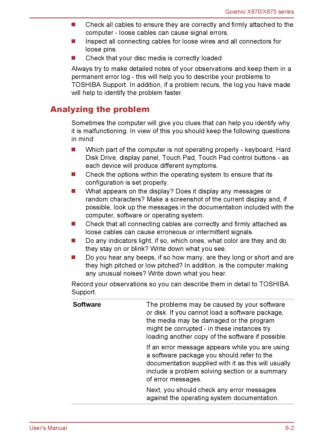 Toshiba X875, X870 user manual Analyzing the problem, Software 