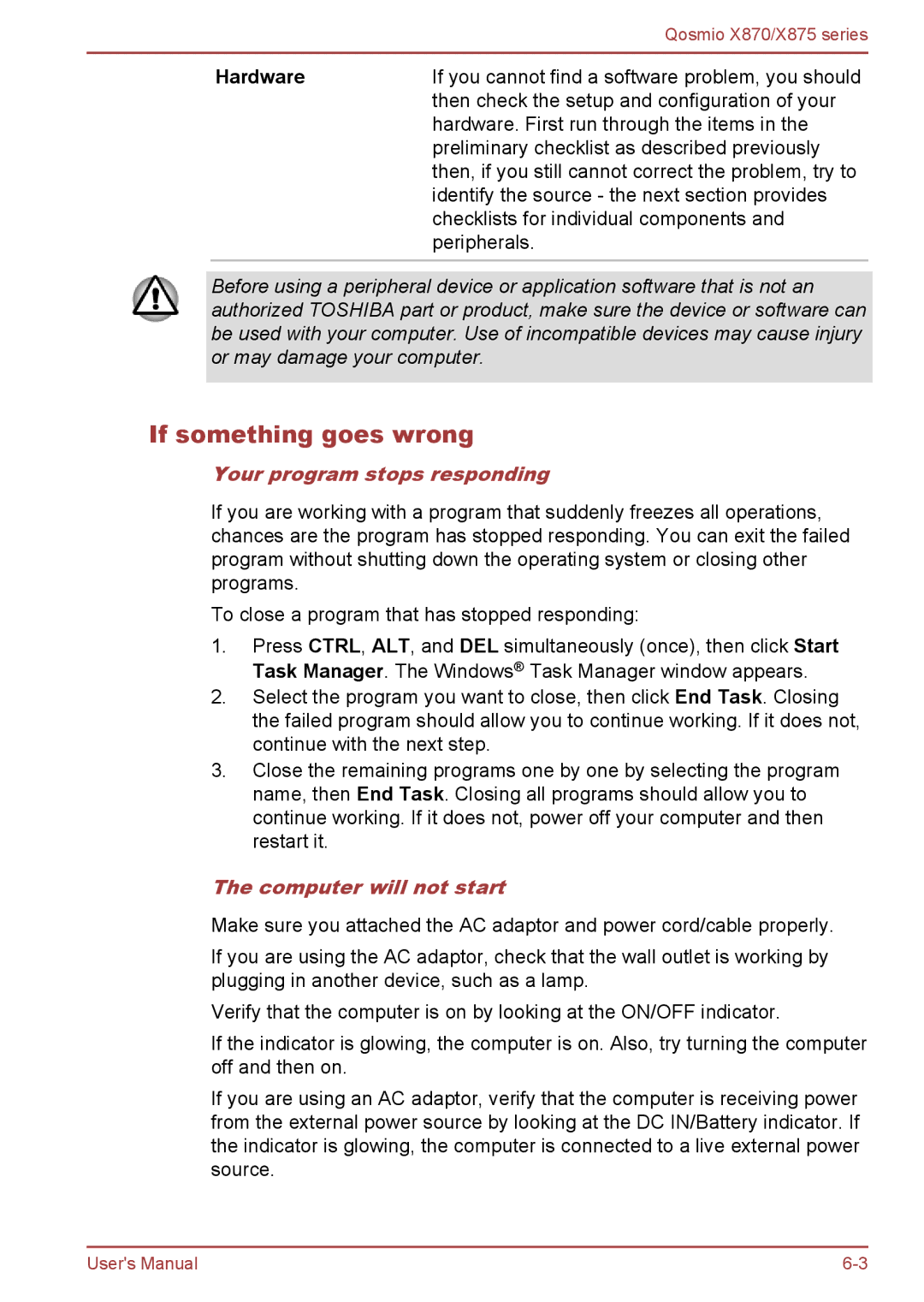 Toshiba X870, X875 user manual If something goes wrong, Hardware, Your program stops responding, Computer will not start 