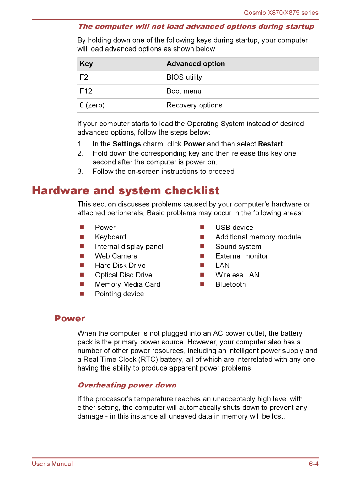 Toshiba X875, X870 user manual Hardware and system checklist, Power, Computer will not load advanced options during startup 